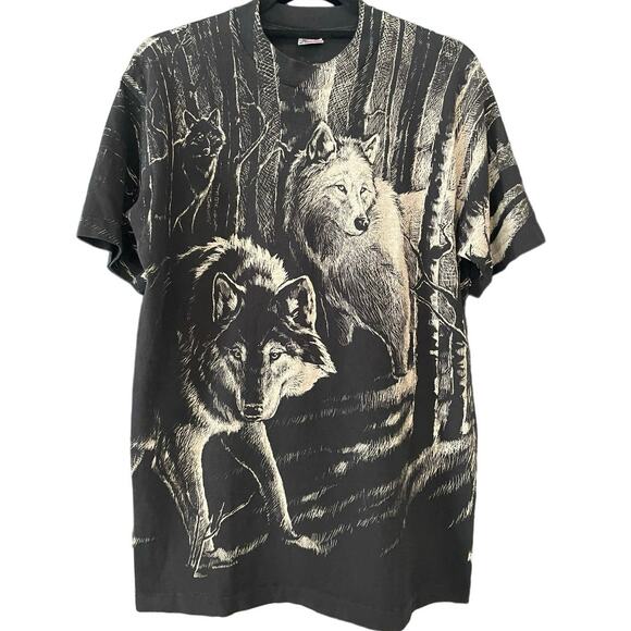 Vintage 90s Wolves in Forest AOP 1992 Double Sided Single Stitch Shirt Adult Med - Picture 1 of 3